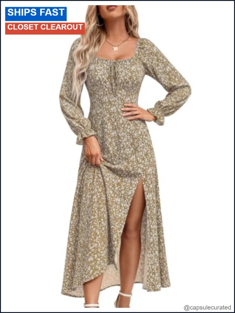 Long Sleeve Square Neck Floral Midi Dress Ruched Bust Side Split